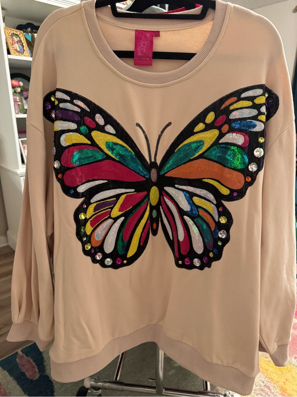 QUEEN OF SPARKLES Beige Sweater with Multicolor Sequin Butterfly